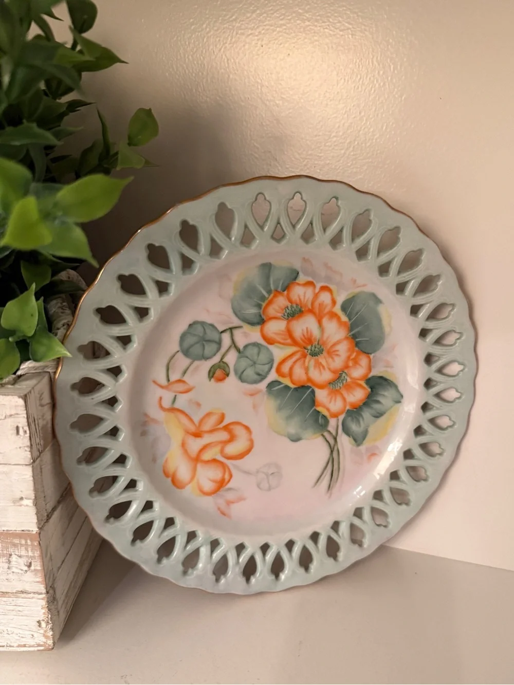 Vintage 1968 Hand Painted Floral Porcelain Plate Pierced Rim Dorothy Glover